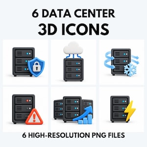 May include: Six 3D data center icons featuring server racks with various symbols including a blue security shield, a white cloud, blue cooling arrows, a red warning triangle, a blue growth chart, and a yellow lightning bolt, labeled 6 DATA CENTER 3D ICONS.