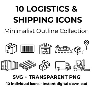 Puede incluir: Una colección de 10 iconos de logística y envío en blanco y negro que incluyen una caja, código de barras, almacén, barco de carga, pin de ubicación, contenedor, palé, flecha de retorno, camión y carretilla elevadora con el texto 10 LOGISTICS & SHIPPING ICONS.