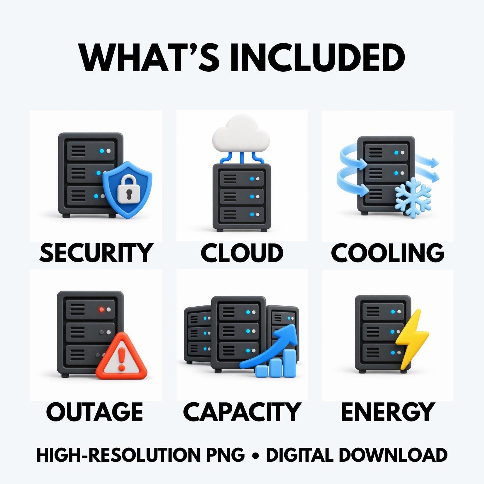 Data Center 3D Icons, 6 Server & Cloud Computing PNG Graphics, Tech ...