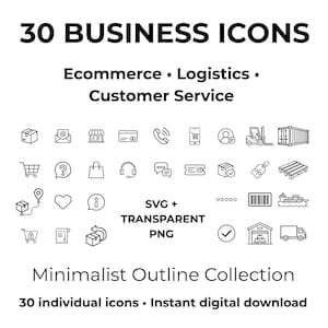 Könnte beinhalten: Eine Sammlung von 30 schwarz-weißen Business-Icons zu den Themen E-Commerce, Logistik und Kundenservice. Das Set enthält Strichzeichnungen von Paketen, Einkaufswagen, Fahrzeugen und Kommunikationssymbolen in den Formaten SVG und PNG.