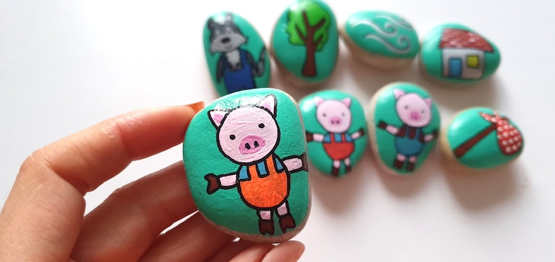 Speech therapy Three little pigs and wolf Fairytale Story stones Montessori toy
