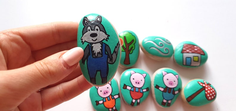 Speech therapy Three little pigs and wolf Fairytale Story stones Montessori toy