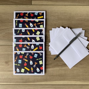 School Supplies Notecards, Set of 6 Blank Notecards with Envelopes, Handmade