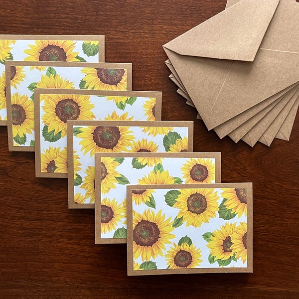 Sunflowers Notecard Set of 6 Kraft Notecards with Matching Envelopes