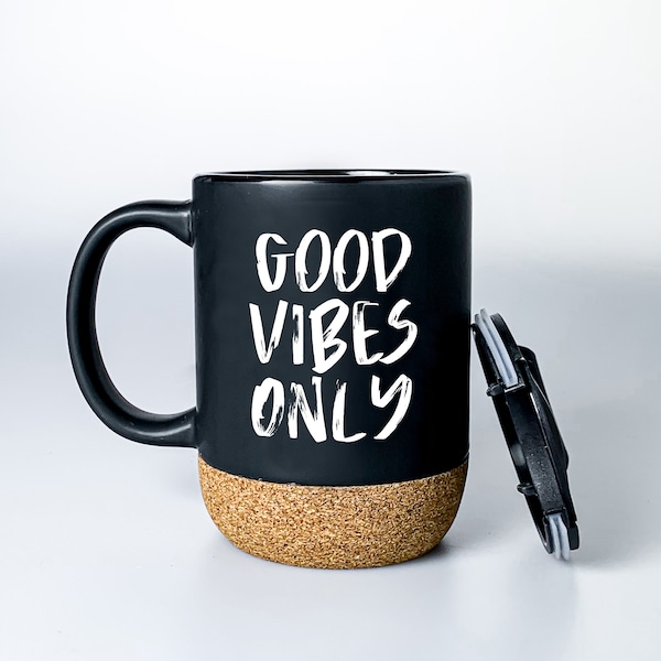 Matte Black Good Vibes Only Cork Base Coffee Mug, Girl Boss, Gift for Her, Woman Owned, Entrepreneur, Travel Mug, Positivity, Mindset