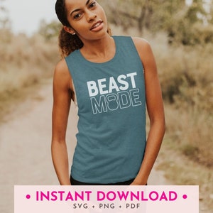 May include: A teal blue sleeveless top with the text "BEAST MODE" in white with a dumbbell icon in the "O" of "MODE".
