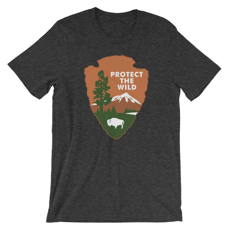 May include: Dark grey t-shirt with a brown and green National Park Service arrowhead logo. The logo features a mountain, a tree, and a buffalo. The text "PROTECT THE WILD" is printed in white on the logo.