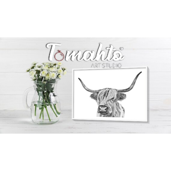 Instant Download Long Haired Cow Bw Digital Painting Etsy