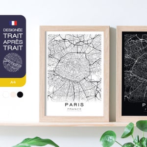Affiche déco murale Paris plan blanc, noir ou beige A4