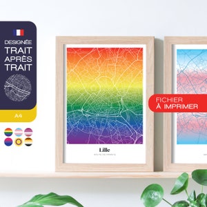 Affiche Lille Pride map A4 - Fichier à imprimer - Carte plan Lille Rainbow flag