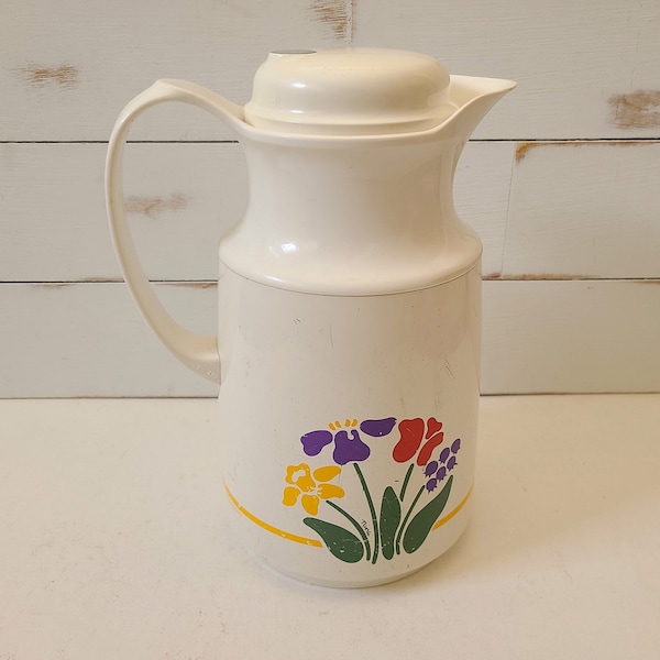 Vintage 1980s Plastic Thermos Pitcher / insulated coffee pot, floral kitchenware, coffee hot pot, retro kitchenware, coffee thermos