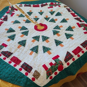 Vintage Handmade Quilted Tree Skirt Blanket Set Retro Trains Trees Applique
