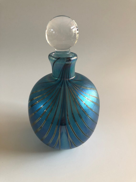 Blue Iridescent Feathered Glass Perfume Perfume bottle iridescent | Etsy