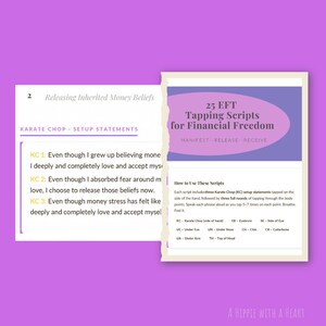 Puede incluir: Un fondo de papel rasgado con dos páginas de texto. Una página enumera "Declaraciones de configuración de Karate Chop" y la otra dice "25 guiones de tapping EFT para la libertad financiera". El texto incluye instrucciones y puntos de tapping.