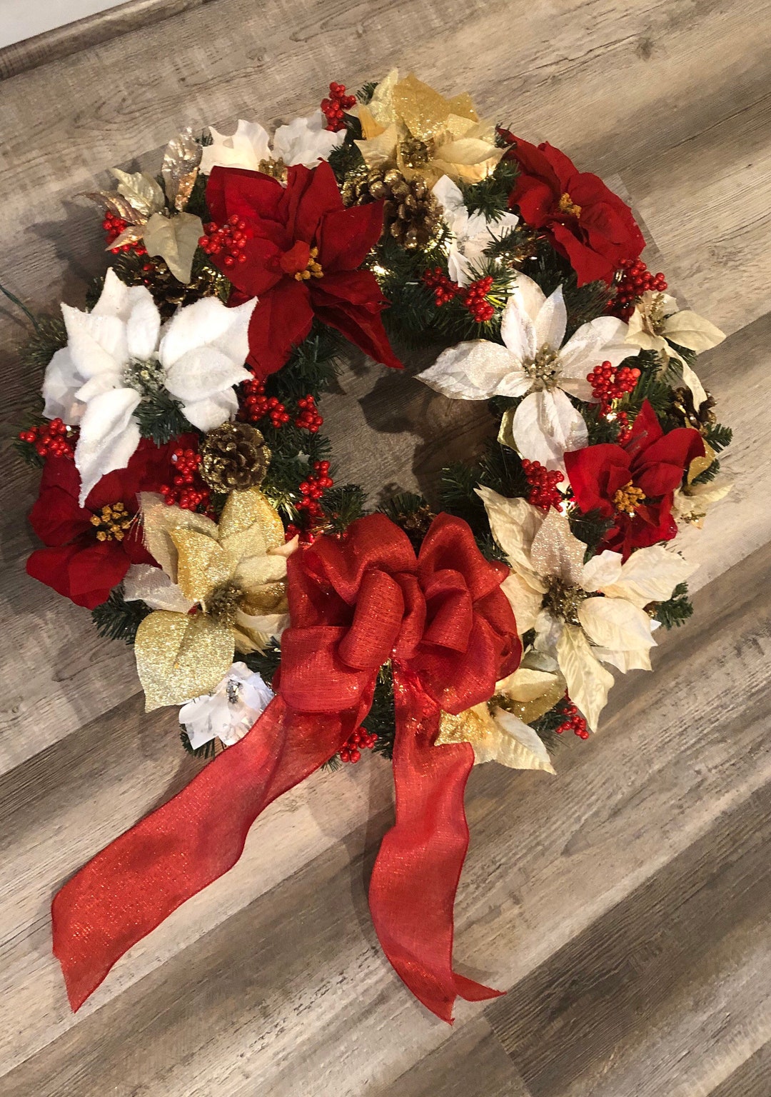 Red and Gold Holiday Pine Wreath, Traditional Christmas Wreath ...