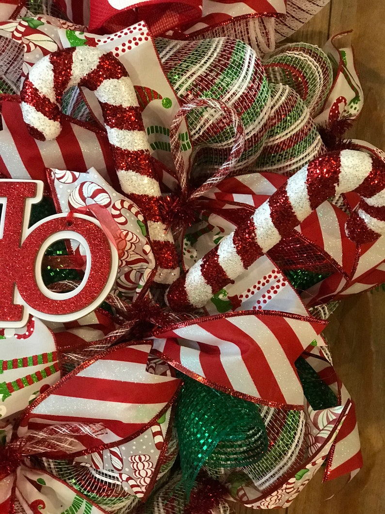 Whimsical Christmas Candy Cane Wreath, Front Door Wreath, HO HO HO ...