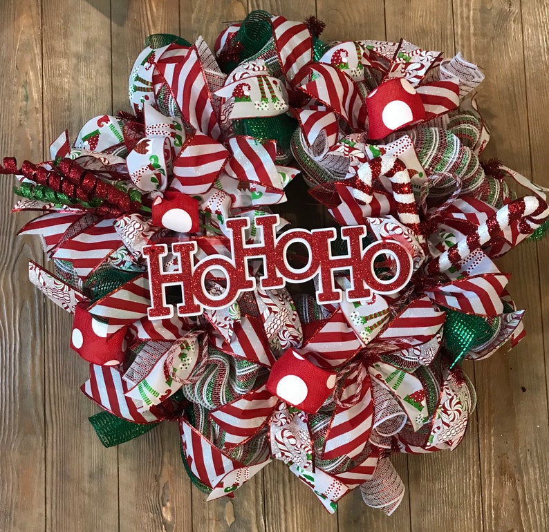 Whimsical Christmas Candy Cane Wreath, Front Door Wreath, HO HO HO ...