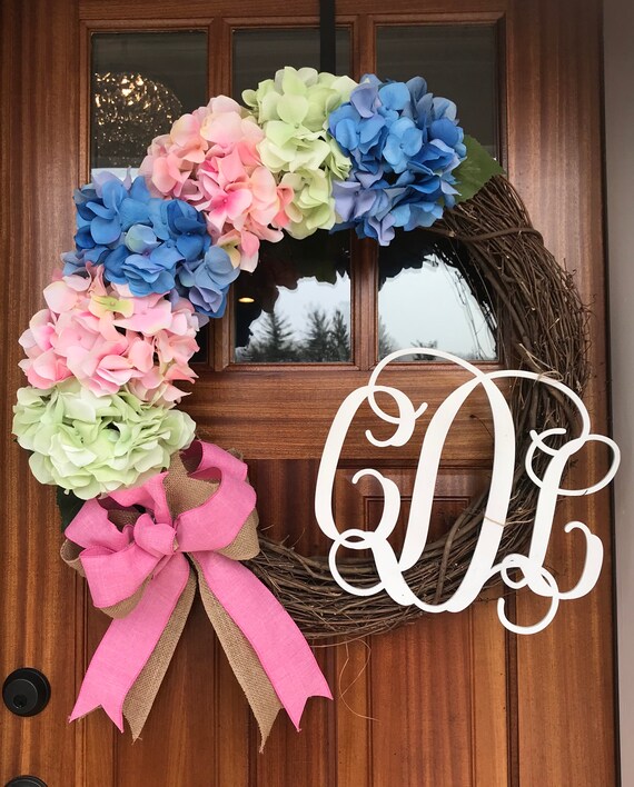 Custom Hydrangea And Burlap Bow Grapevine Front Door Wreath Etsy