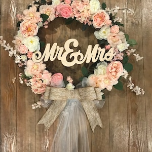 Custom Mr and Mrs Wedding Wreath, grapeVine and Roses, peonies, lace bow, wedding wreath, bridal shower, baby shower, Free Shipping