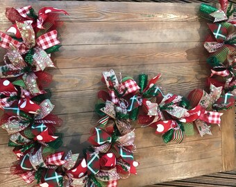 Whimsical Christmas garland, Christmas garland, red and green burlap mesh Christmas garland, free shipping