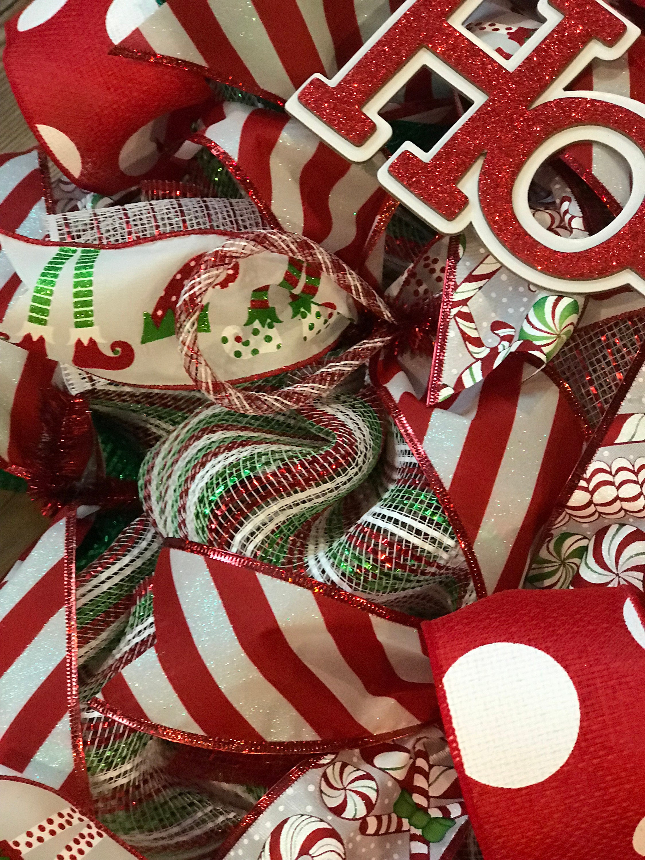 Whimsical Christmas Candy Cane Wreath, Front Door Wreath, HO HO HO ...