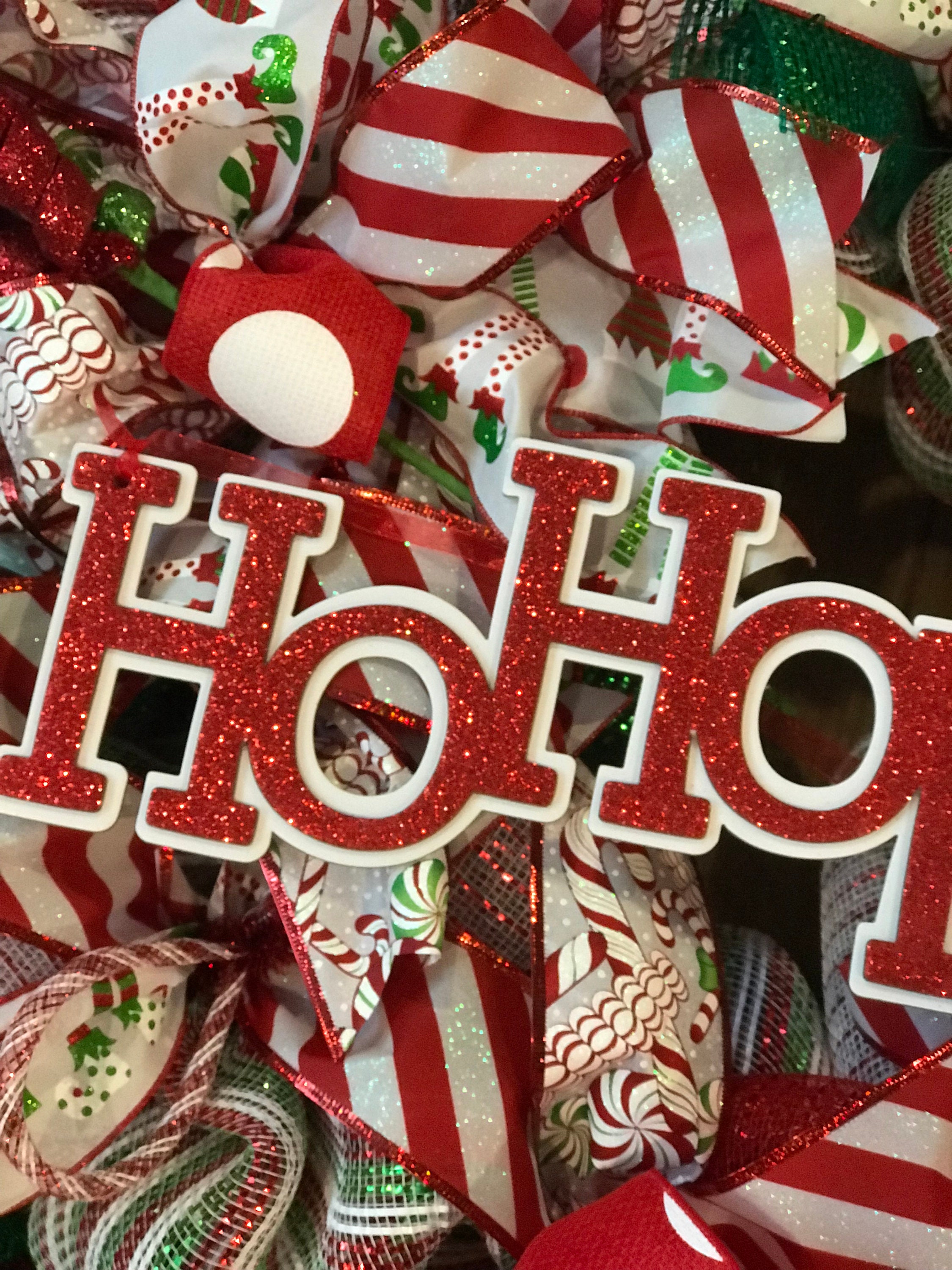 Whimsical Christmas Candy Cane Wreath, Front Door Wreath, HO HO HO ...