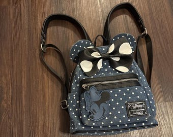 Disney Loungefly Minnie Mouse Blue Denim Mini Backpack Polka dots EUC