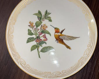 Plato Boehm de Edward Marshall antiguo, porcelana de hueso, colibrí portador de llama rufo