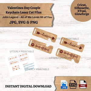 May include: Digital laser cut files for Valentine's Day couple keychains. The design includes the text "love" with an arrow and a Spotify code for the song "All of Me" by John Legend. Available in JPG, SVG, and PNG formats.