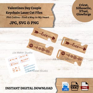 Puede incluir: Archivos de corte láser de llavero de madera para el Día de San Valentín. El diseño incluye el texto "love" con una flecha y un código de Spotify. La imagen también incluye el texto "Phil Collins - Find a Way to My Heart" y "Descarga digital instantánea".