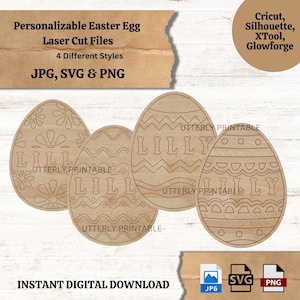 Pode incluir: Quatro arquivos de corte de ovos de Páscoa em madeira com diferentes padrões decorativos e o nome "LILLY" gravado. A imagem inclui o texto "Arquivos de corte a laser de ovos de Páscoa personalizáveis" e ícones de tipo de arquivo JPG, SVG e PNG.