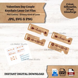 May include: Wooden Valentine's Day couple keychain laser cut files. The design includes the text "love" with an arrow, and a Spotify code. The text "Phil Collins - Groovy Kind of Love" is also included. The image also includes the text "JPG, SVG & PNG".