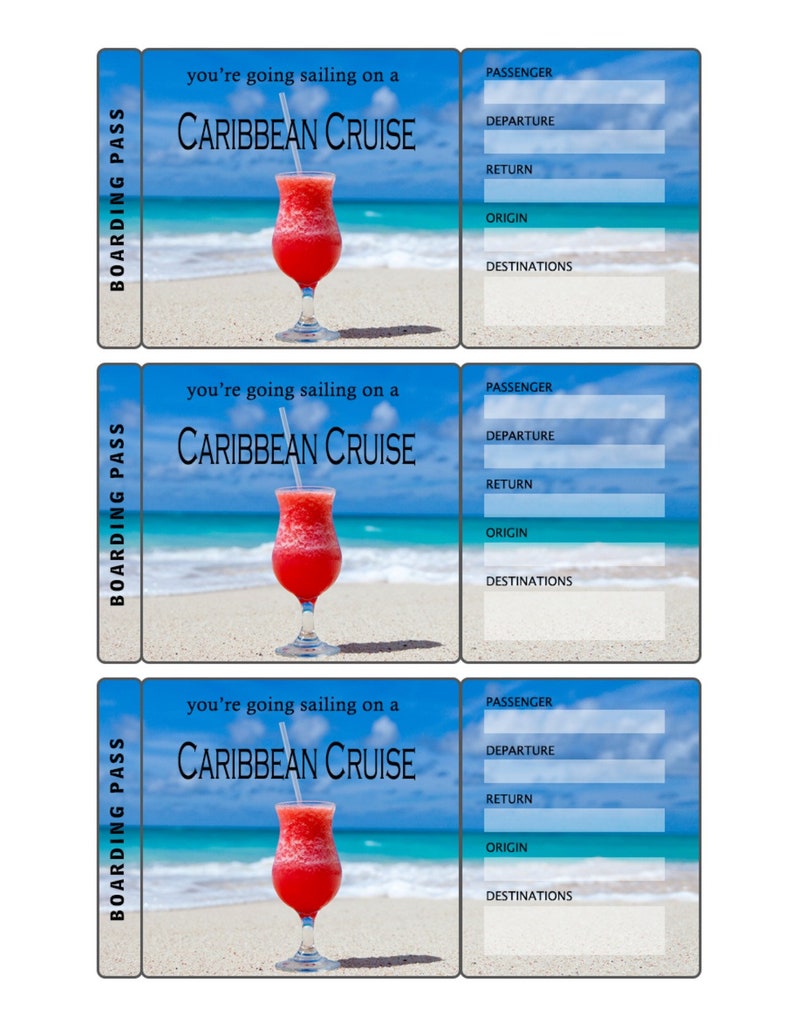 Caribbean Cruise Ticket Boarding Pass Gift, Printable Editable Instant