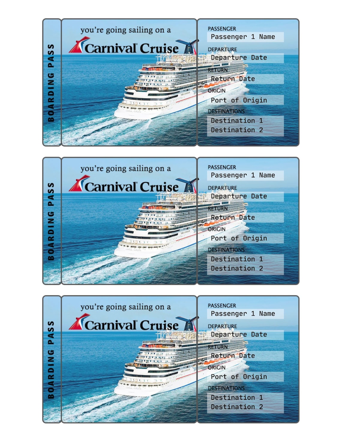 Carnival Cruise Ticket Boarding Pass Gift Printable Editable Etsy
