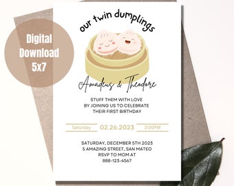 Personalized Cute Twin Birthday Party Invitation Digital Download