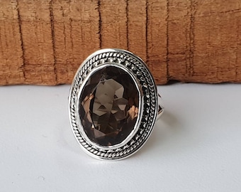 Smoky Quartz Sterling Silver Ring: Oval Gemstone Statement Ring