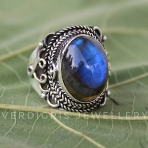 Natural labradorite ring, 92.5 Sterling Silver statement boho ring, large gemstone ring