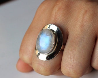 Anillo de piedra lunar arcoíris natural AAA, anillo de plata de ley maciza, pieza llamativa