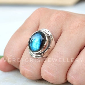 Natural labradorite ring, 92.5 Sterling Silver statement boho ring, large gemstone ring