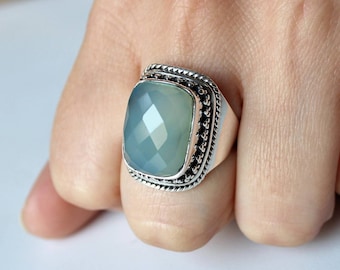 Aqua chalcedony ring, 92.5, Sterling Silver ring, cocktail ring, alternative engagement ring, aqua chalcedony jewelry, Halloween jewellery