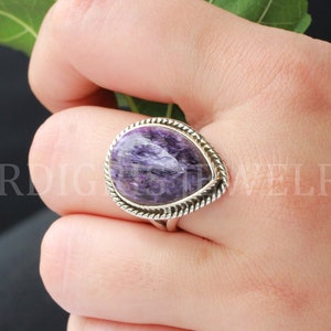 Natural Russian Charoite rings, Sterling silver ring, large purple gemstone, handmade jewelry, antique boho ring, gift for her