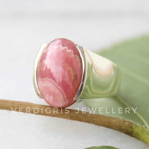 Bague rhodochrosite naturelle, bague de déclaration en argent sterling