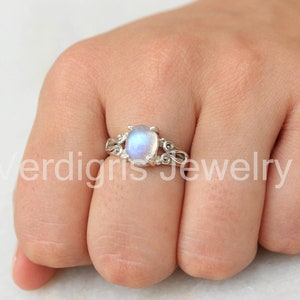 Rainbow Moonstone ring, blue gemstone ring, 925 sterling silver, Handmade Minimalist Ring for Everyday, Christmas Gift, Birthstone Ring