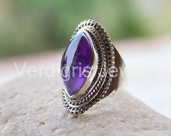 Handmade Marquise Amethyst Ring, Sterling Silver Boho Jewelry