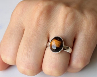 Natural tiger's eye ring, Bold Sterling Silver Statement ring, alternative engagement ring, 100% handmade, simple and elegant style