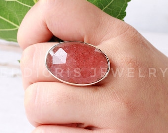 Strawberry quartz ring, Made in sterling silver, chunky ring, handmade Rose cut jewelry, Valentine's day gift, Taurus Gemstone, Bohemian