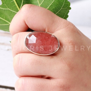 Strawberry quartz ring, Made in sterling silver, chunky ring, handmade Rose cut jewelry, Valentine&#39;s day gift, Taurus Gemstone, Bohemian