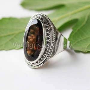 Smoky quartz ring, sterling silver ring, natural gemstone, Anniversary gift, handmade, boho, statement jewelry, faceted oval, brown crystal