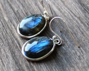 May include: A pair of silver dangle earrings with oval-shaped blue labradorite gemstones.