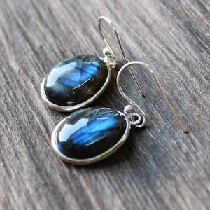 May include: A pair of silver dangle earrings with oval-shaped blue labradorite gemstones.
